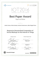 Certificate for best paper award at IoT 2016