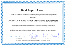 Certificate for best paper award at MATES 2017