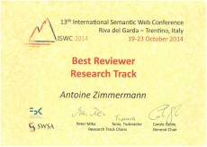 Certificate for best reviewer award, research track at ISWC 2014
